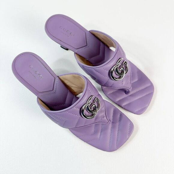 GUCCI Purple Marmont Sandals Size 38 Kitten Heel Matelasse Quilted Leather - Picture 2 of 13